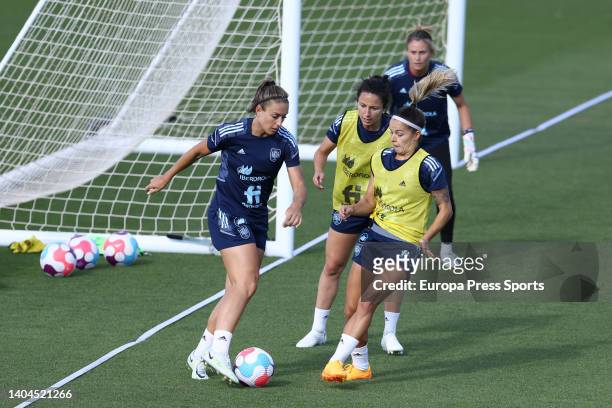 Alexia Putellas, Ivana Andres and Claudia Zornoza in action during the training session of Spain Women Team at Ciudad del Futbol on June 22 in Las...