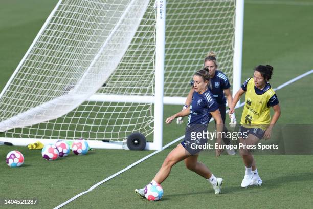Alexia Putellas and Ivana Andres in action during the training session of Spain Women Team at Ciudad del Futbol on June 22 in Las Rozas, Madrid,...