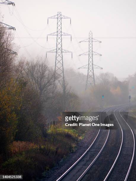 Electricity pylons and Radley railway lines in fog, Radley Village 3.