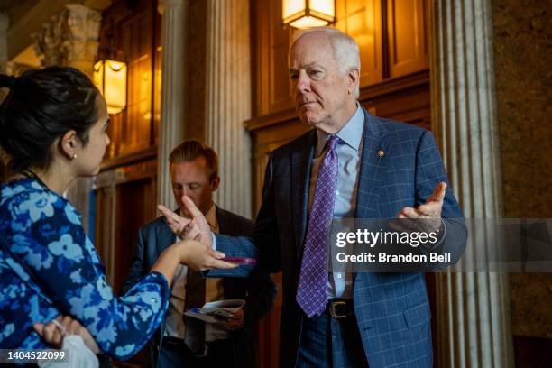 Sen. John Cornyn speaks to reporters ahead of a weekly Republican luncheon on Capitol Hill on June 22, 2022 in Washington, DC.