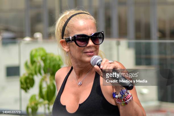 Cuban actrice Niurka Marcos speaks during a press conference at Hotel Fontan on June 22, 2022 in Mexico City, Mexico.