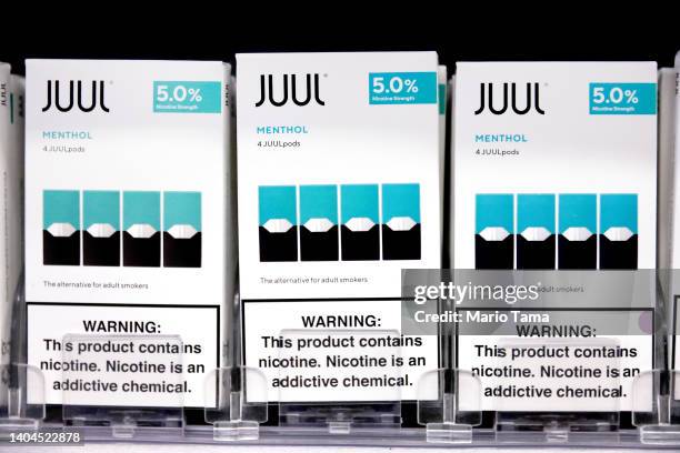 Packages of Juul e-cigarettes are displayed for sale in the Brazil Outlet shop on June 22, 2022 in Los Angeles, California. The Food and Drug...