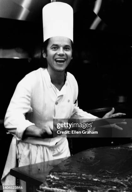 View of Austrian-American chef Wolfgang Puck in the kitchen of the Ma Maison restaurant, Los Angeles, California, 1978.
