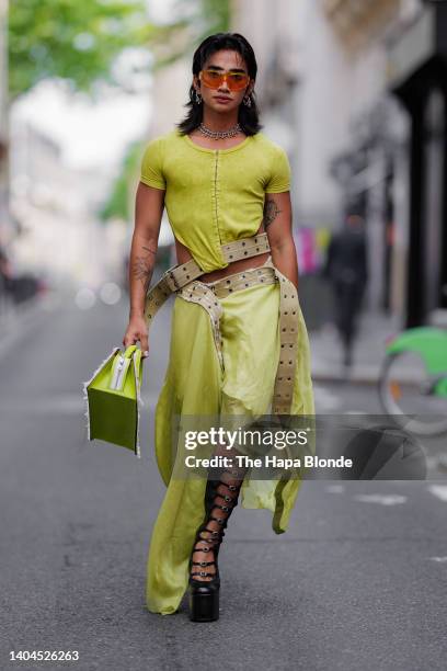 Bretman Rock is seen wearing Diesel with Marc Jacobs boots, Burberry sunglasses, Dentro bag and Justine Clenquet jewelry on June 22, 2022 in Paris,...