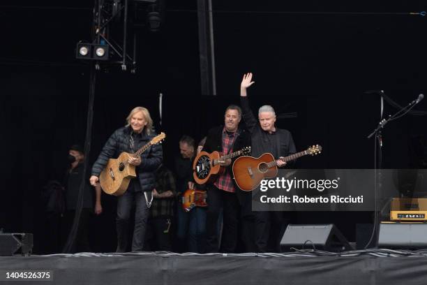 Joe Walsh, Vince Gill and Don Henley of the Eagles enter on stage at Murrayfield on June 22, 2022 in Edinburgh, Scotland.