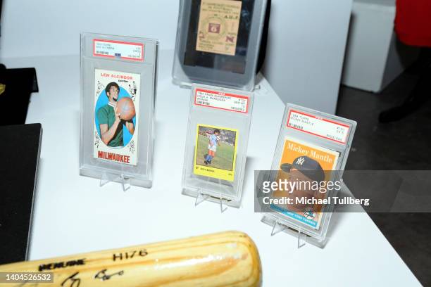 Trading cards of Lew Alcindor , Diego Maradona and Mickey Mantle are displayed during Julian's Auctions Sports Legends press preview at Julien's...