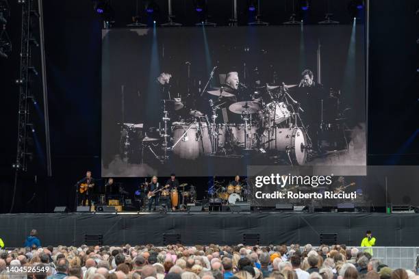 Vince Gill, Timothy B. Schmit, Don Henley and Joe Walsh of the Eagles perform on stage at Murrayfield on June 22, 2022 in Edinburgh, Scotland.