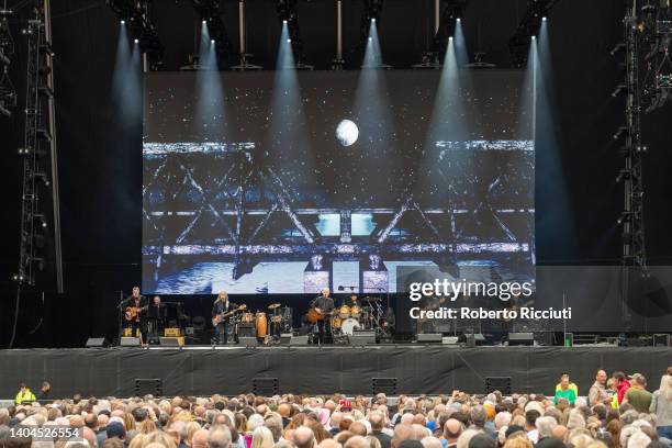 Vince Gill, Timothy B. Schmit, Don Henley and Joe Walsh of the Eagles perform on stage at Murrayfield on June 22, 2022 in Edinburgh, Scotland.