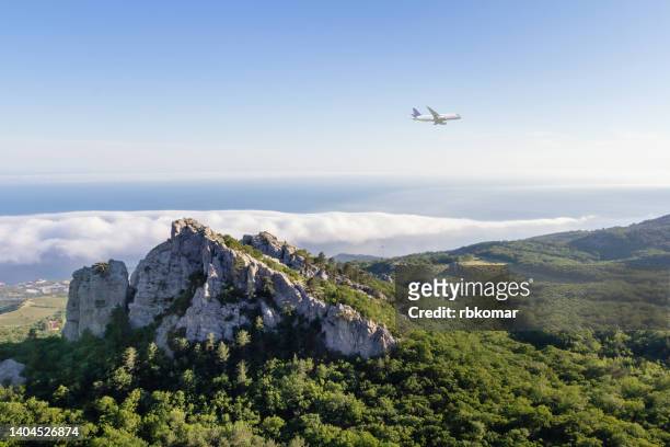 aerial panoramic view of a majestic rock and forest valley near the sea coast with low clouds with a flying plane in the blue sky horizon - low flying aircraft stockfoto's en -beelden