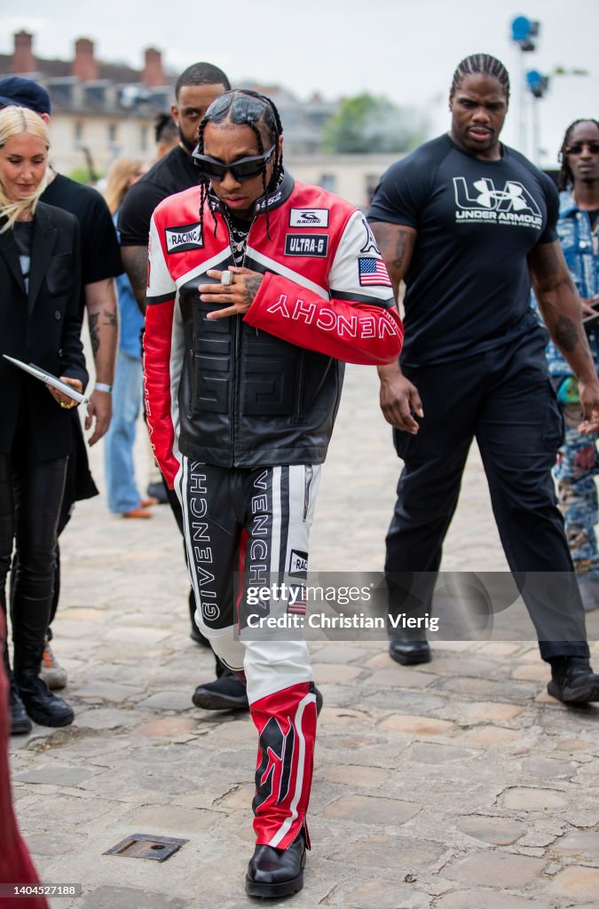 Summrrs Rapper US rapper Tyga is seen wearing black red white racing leather jacket ...