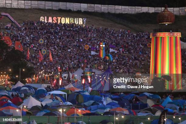General view after sunset during day one of Glastonbury Festival at Worthy Farm, Pilton on June 22, 2022 in Glastonbury, England.