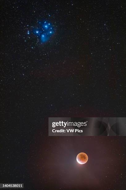 The partial eclipse of the Moon of November 19 with the Moon below the Pleiades star cluster, M45, in Taurus, the hallmark feature of this eclipse...