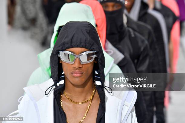 Model walks the runway during the Givenchy Ready to Wear Spring/Summer 2023 fashion show as part of the Paris Men Fashion Week on June 22, 2022 in...