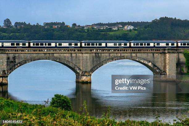 Outside of Transcantabrico Gran Lujo luxury train travellong across northern Spain, Europe. Bridge near Viveiro town, Galicia, Spain.