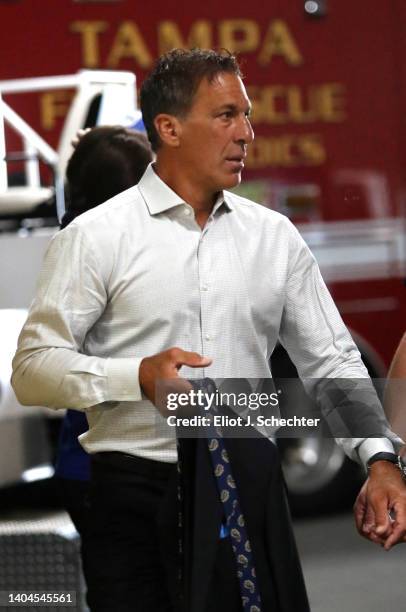 Analyst Chris Chelios arrives for Game Four of the 2022 NHL Stanley Cup Final between the Colorado Avalanche and the Tampa Bay Lightning at Amalie...