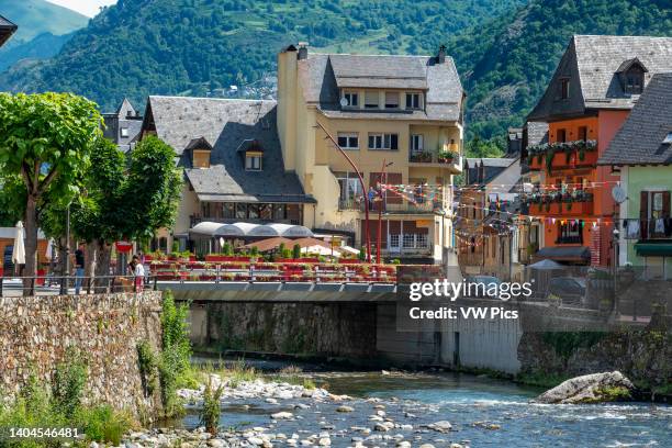 Bridge over the Garonne River as it passes through Les. Village of Les or Lés in Aran Valley in Pyrenees Lleida Catalonia Spain. It borders Bosost,...