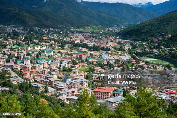 Landscape aerial view of Thimphu, Thimpu City, Capital of Bhutan and it's surrounding area.