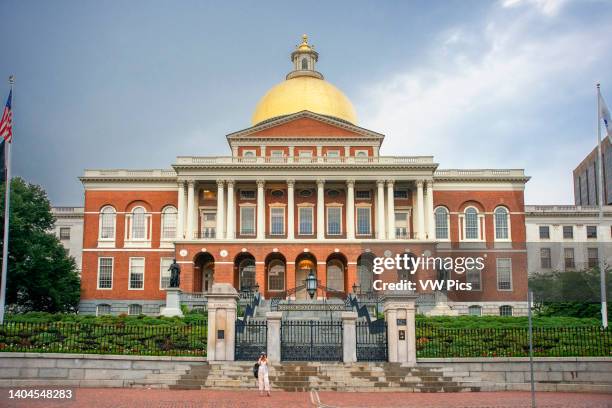 Massachusetts State House the seat of Government, with golden dome and columns in the city of Boston, USA. The Massachusetts State House, also known...