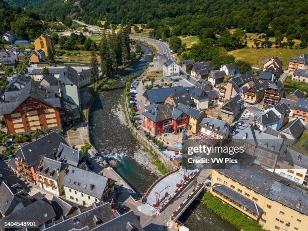 Aerial view of the Garonne River as it passes through Les. Village of Les or Lés in Aran Valley in Pyrenees Lleida Catalonia Spain. It borders...