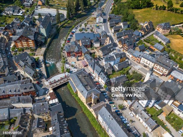 Aerial view of the Garonne River as it passes through Les. Village of Les or Lés in Aran Valley in Pyrenees Lleida Catalonia Spain. It borders...