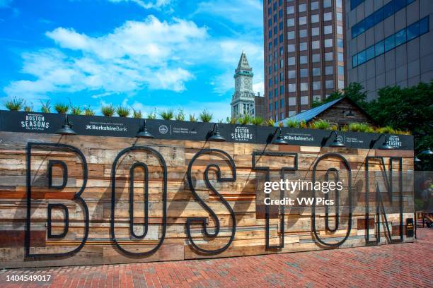 Giant letters at sign at City Hall Plaza welcome you to Boston Massachusetts New England North America USA.