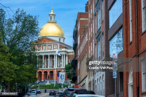 Massachusetts State House the seat of Government, with golden dome and columns in the city of Boston, USA. The Massachusetts State House, also known...