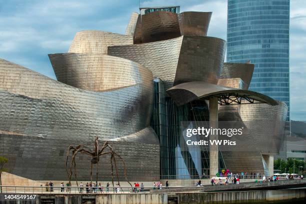 Spain travel city, view at sunset of the Frank Gehry designed Guggenheim Museum in the center of Bilbao, northern Spain..