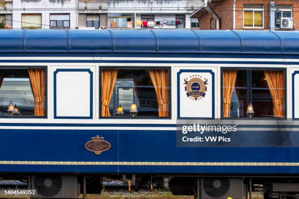 Outside one of the carriages of Transcantabrico Gran Lujo luxury train travellong across northern Spain, Europe..