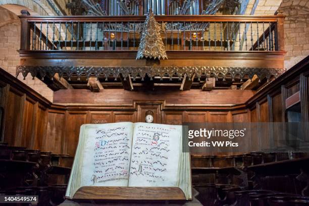 Choir and organ inside the cloister of the La Colegiata de Santa Juliana church, Santillana del Mar, Cantabria, Spain.
