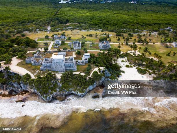 Aerial views of El Castillo and the Ruins of the Mayan temple grounds at Tulum, Quintana Roo, Yucatan, Mexico. Tulum is the site of a pre-Columbian...