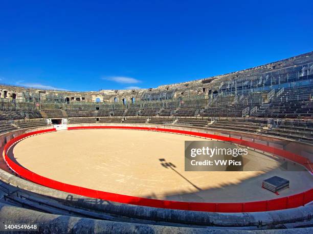 Inside The Roman amphitheatre, Arena, bullfighter stadium Nimes, Gard Department, Languedoc-Roussilon, France.