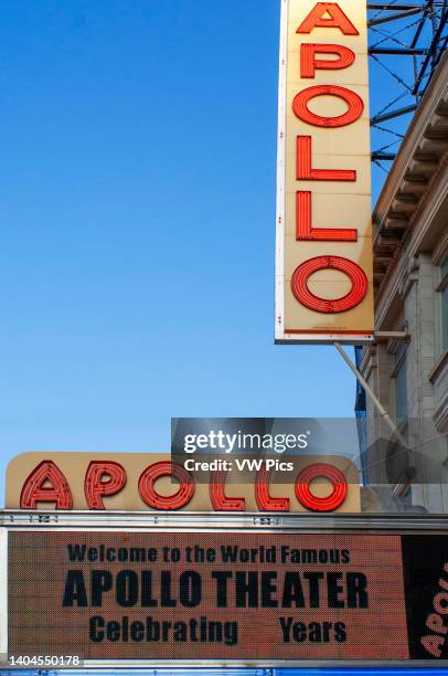 APOLLO THEATER SIGN ONE HUNDRED AND TWENTY FIFTH STREET HARLEM MANHATTAN NEW YORK CITY USA.