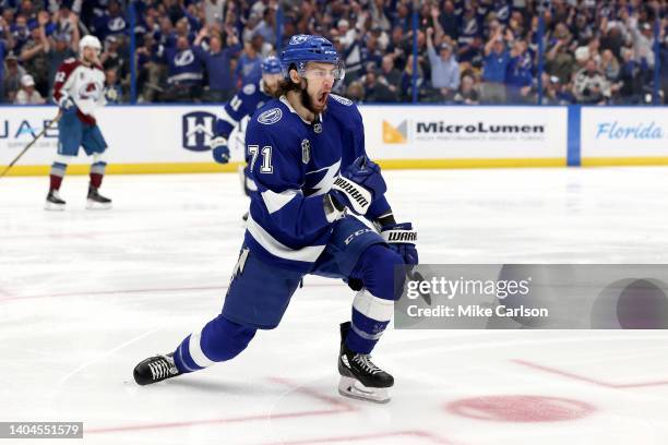 Anthony Cirelli of the Tampa Bay Lightning celebrates after scoring a goal against Darcy Kuemper of the Colorado Avalanche in Game Four of the 2022...