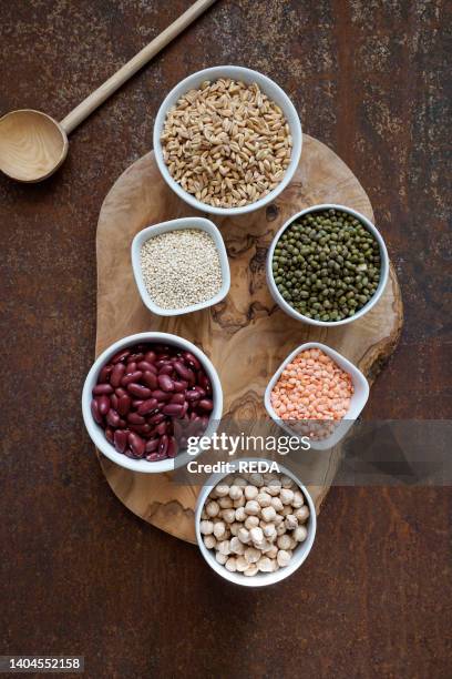 Variety of uncooked superfood cereals, chia, red lentils, pearl spelled, red beans, chickpeas, green azuki on rusty metal background, flat layout,...