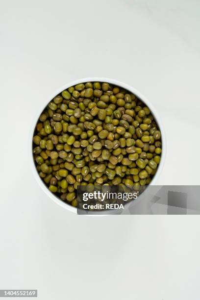 Bowl of green azuki beans on white marble background.