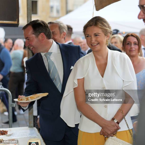 Prince Guillaume of Luxembourg and Princess Stephanie of Luxembourg enjoy National Day festivities in Esch-sur-Alzette on June 22, 2022 in...