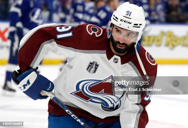 Nazem Kadri of the Colorado Avalanche attends warm ups before playing in Game Four of the 2022 NHL Stanley Cup Final against the Tampa Bay Lightning...
