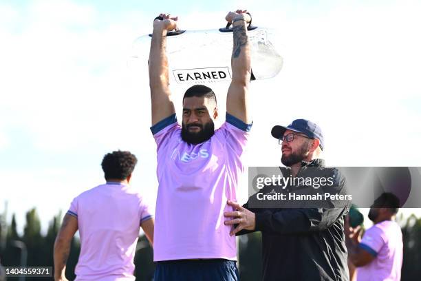 Akira Ioane runs through drills during a New Zealand All Blacks training session at Kerikeri Rugby Club on June 23, 2022 in Kerikeri, New Zealand.