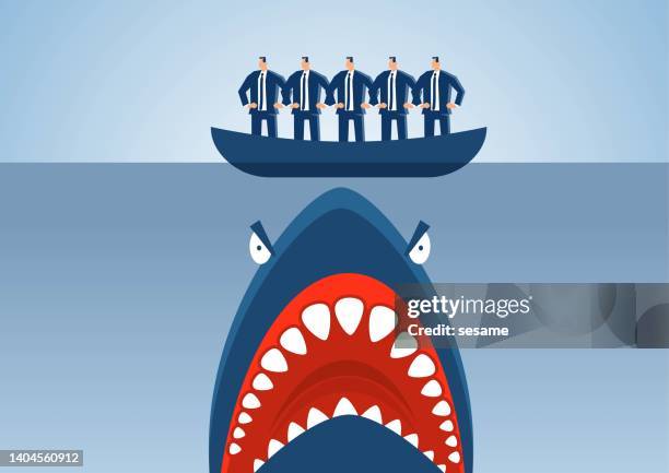 occupational crisis, workplace crisis, layoff or unemployment risk and crisis, ship full of businessmen on ocean being attacked by big shark on sea bottom - infidelity stock illustrations