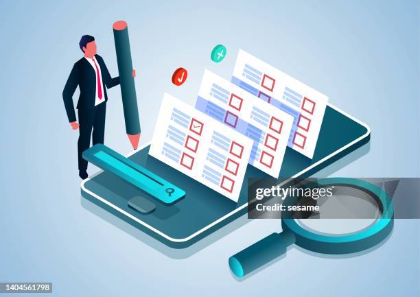 isometric businessman holding a pencil and taking a test on a smartphone, exams and education, recruitment and personal business competency assessment, online questionnaire - surveyor stock illustrations