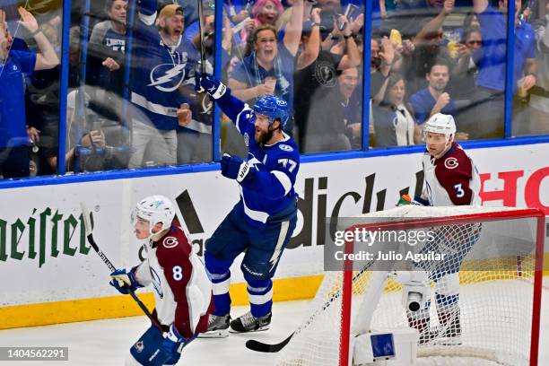 Victor Hedman of the Tampa Bay Lightning reacts after scoring a goal against Darcy Kuemper of the Colorado Avalanche during the second period in Game...