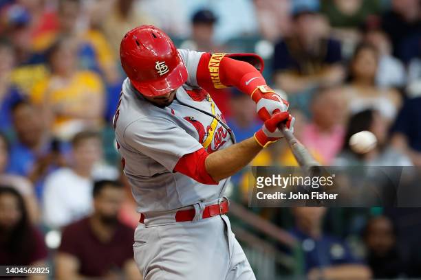 Nolan Arenado of the St. Louis Cardinals doubles to left field in the fourth inning against the Milwaukee Brewers at American Family Field on June...