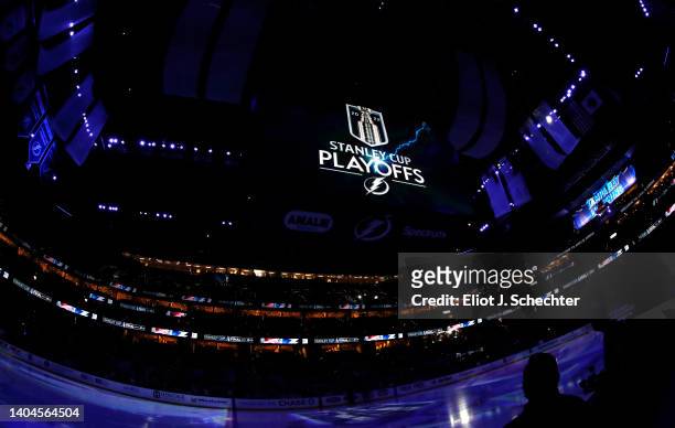 General view of the ice is seen before the start of Game Four of the 2022 NHL Stanley Cup Final at Amalie Arena on June 22, 2022 in Tampa, Florida.