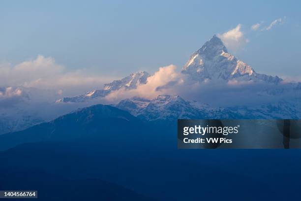 Machhapuchare or Fishtail in clouds in the Annapurna Himal, Nepalese Himalayas, from Sarangkot Hill, Pokhara, Nepal.