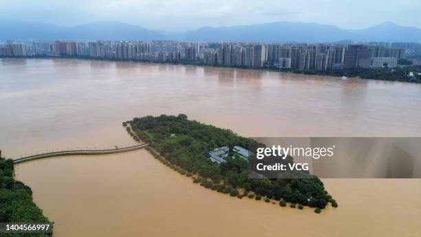 Aerial view of a flood-hit area at Jiangbin Park after torrential rains on June 22, 2022 in Qingyuan, Guangdong Province of China. Flood control...