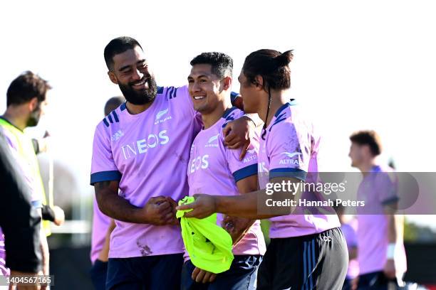 Akira Ioane, Roger Tuivasa-Sheck and Caleb Clarke run through drills during a New Zealand All Blacks training session at Kerikeri Rugby Club on June...