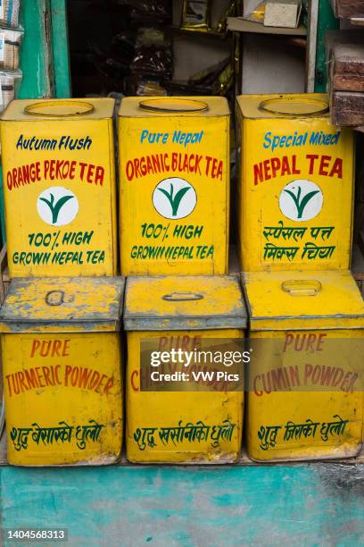 Teas and spices for sale in a shop in Kathmandu, Nepal.