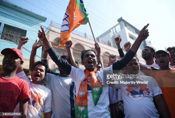 Supporters celebrate their victory in the AMC election in front of the counting center at Agartala. Tripura, India.