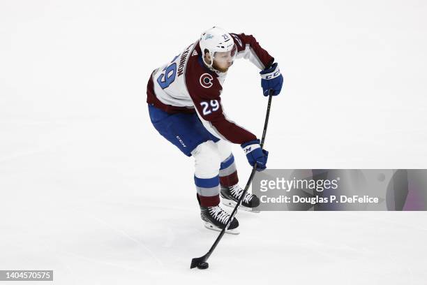 Nathan MacKinnon of the Colorado Avalanche shoots the puck during the third period against the Tampa Bay Lightning in Game Four of the 2022 NHL...