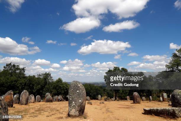 The Cromlech of the Almendres is a megalithic complex. It is one of largest existing group of structured menhirs in Europe. Portugal.